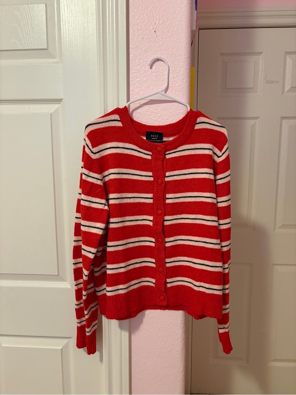VICI Red Striped Button-Front Cardigan with White and Black Accents